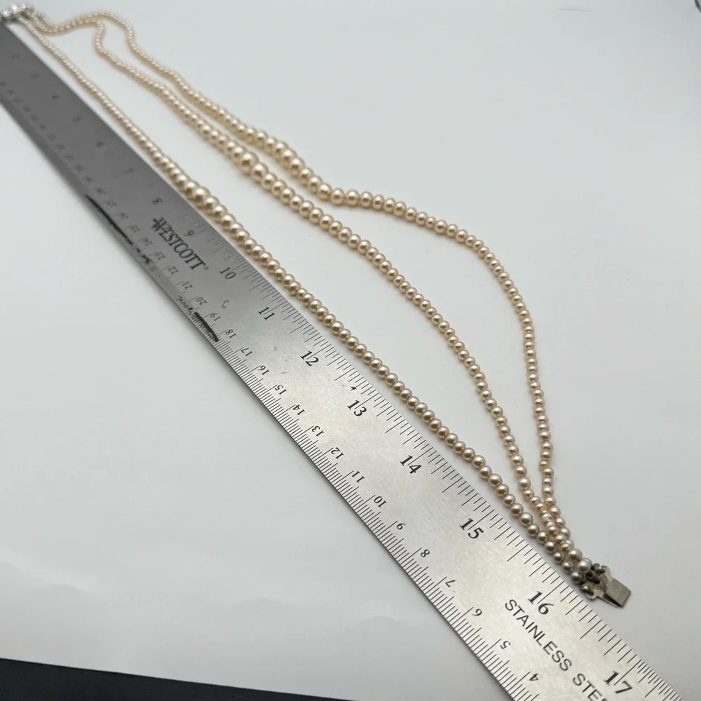Vintage Japan 3-Strand Faux Pearl Necklace Rhinestone Box Clasp